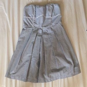 Blue and white strapless dress